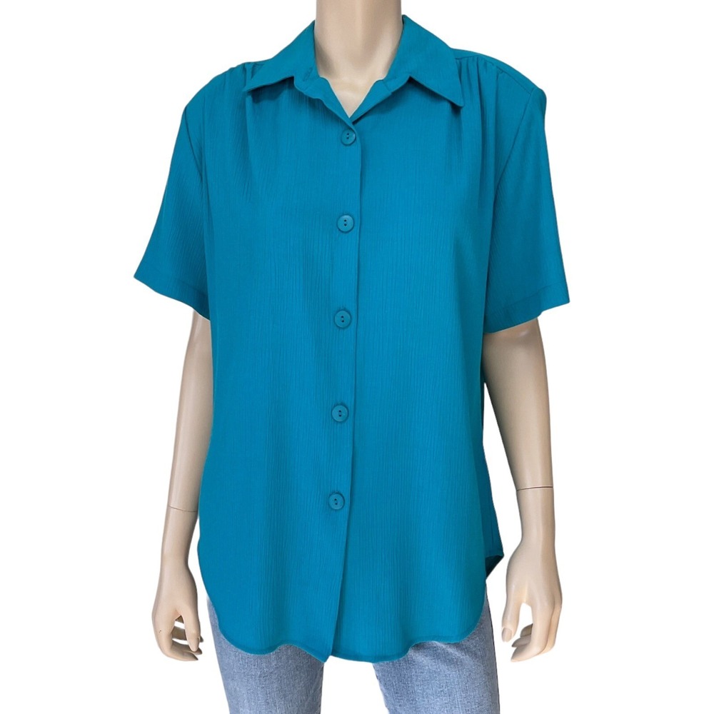 Joanna Womens Turquoise Short Sleeve Collared Button Down Shirt Top Size M NWT